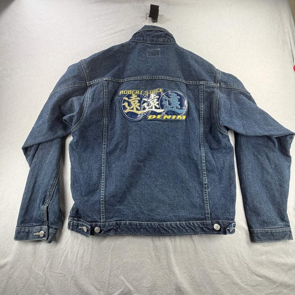 Robert Stock Denim Jacket Mens XL Blue Trucker Boxy 90s Y2K Graphic - Picture 9 of 10